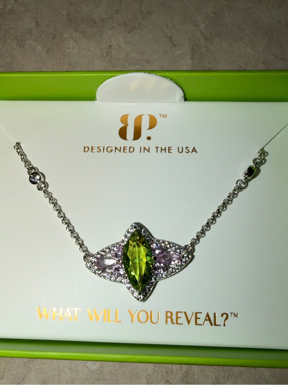 Bomb Party August Necklace-Front Page Famous Peridot and Pink Spinel on Rhodium